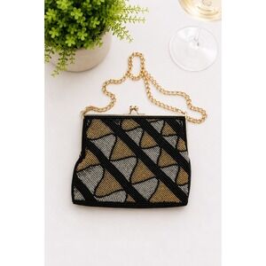 Vintage La Regale‎ Black Gold Silver Beaded Art Deco Kiss Lock Evening Clutch